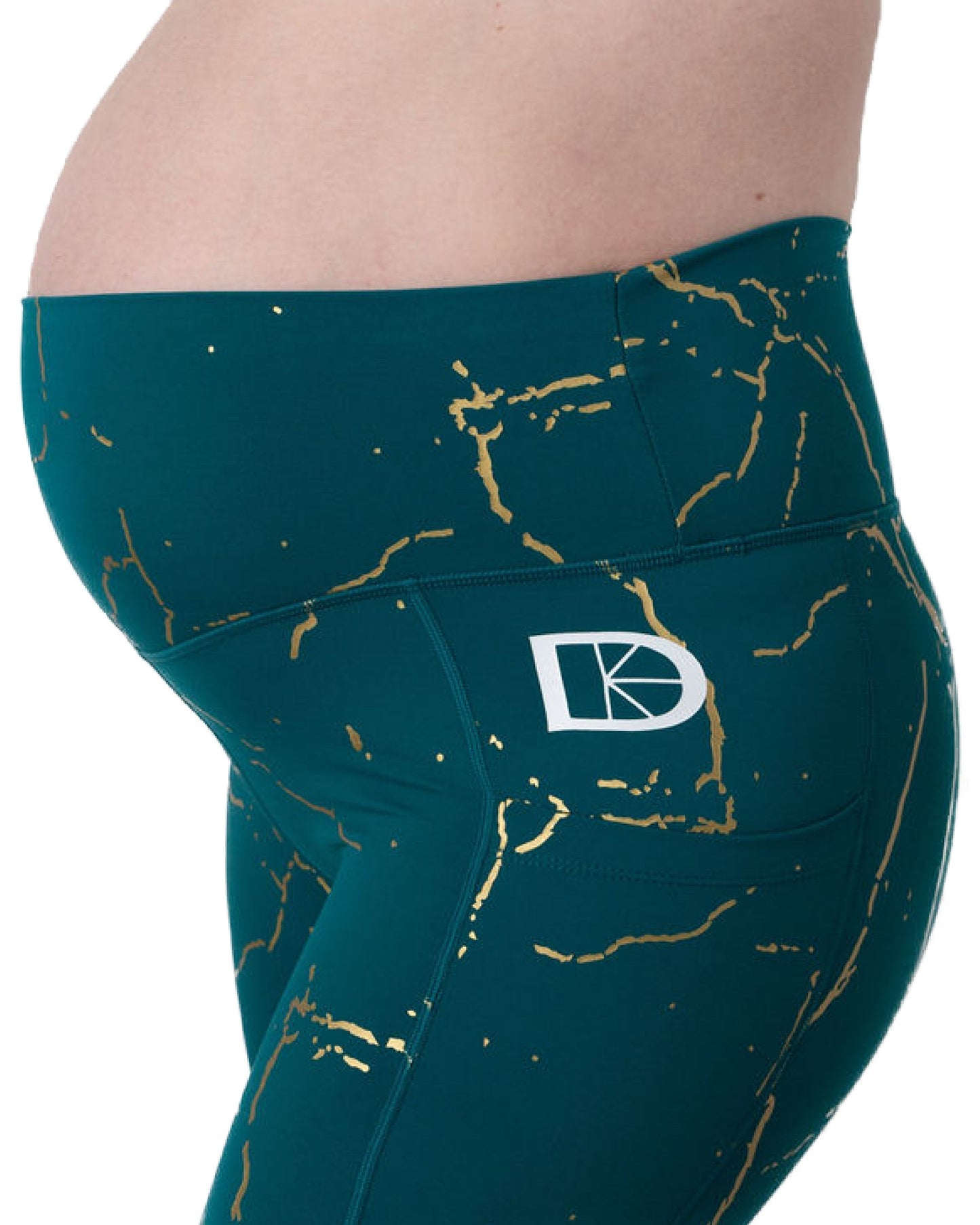 Green and gold pregnancy and postnatal leggings