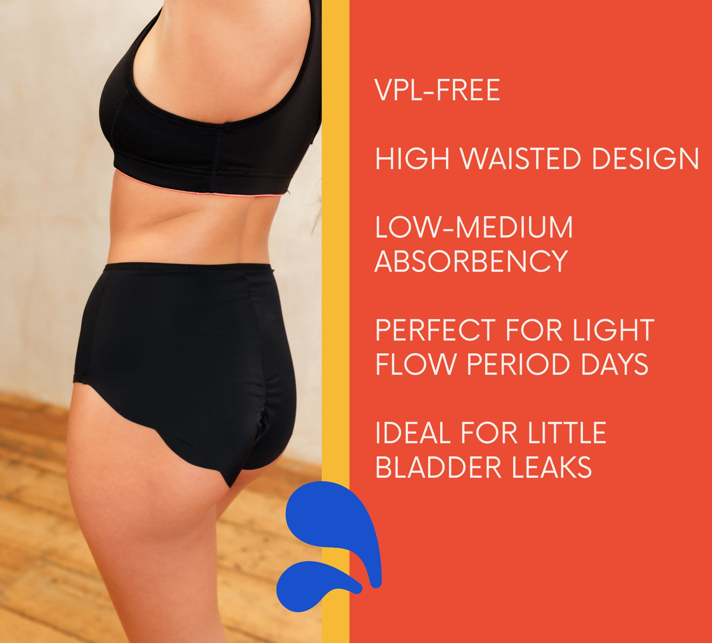 NIXI Body Coni Sporty High Waist Black Knickers absorbent discreet no VPL 10ml 2 tampons periods and light bladder leaks