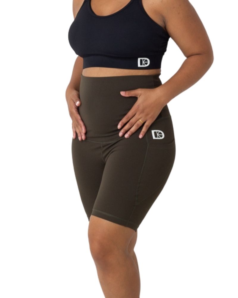 Olive cycling shorts postnatal view